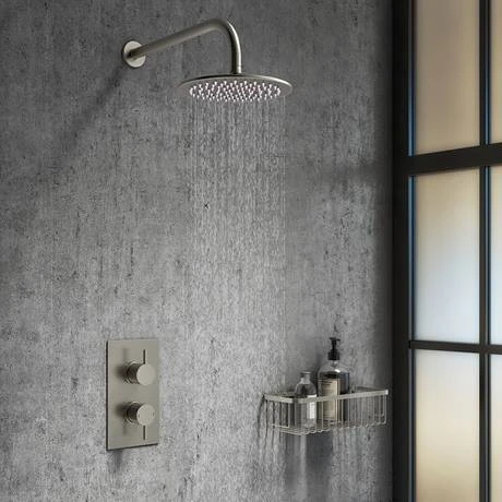 Arezzo Round 200mm Brushed Gunmetal Grey Fixed Shower Head + Wall Mounted Arm 5 Arezzo Round 200mm Brushed Gunmetal Grey Fixed Shower Head + Wall Mounted Arm - Image 3