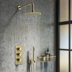 Arezzo Round 200mm Brushed Brass Fixed Shower Head + Wall Mounted Arm -SHOWER HEADS Sales CRZ2WA BB d3 460