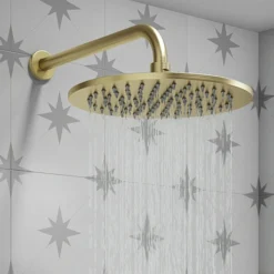 SHOWER HEADS Sales 50 Arezzo Round 300mm Brushed Brass Fixed Shower Head + Wall Mounted Arm